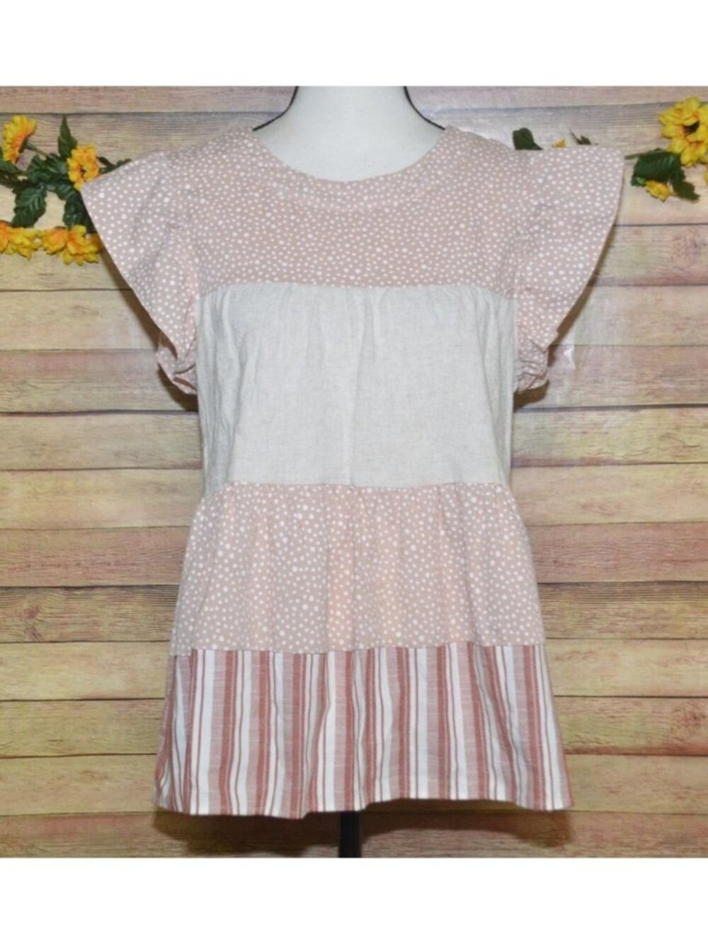 Entro Beige Pink Cap Sleeve Tiered Top Size S Striped Polka Dots Shabby Chic